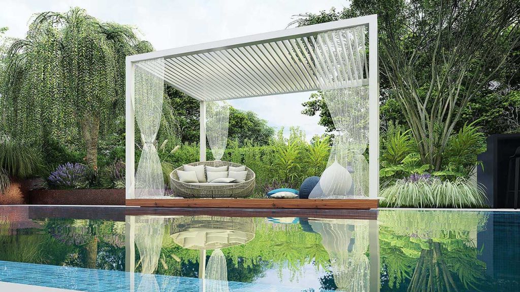 בריכה מרשימה בעיצוב הגינה עם תוספת של מקומות ישיבה בלב הבריכה