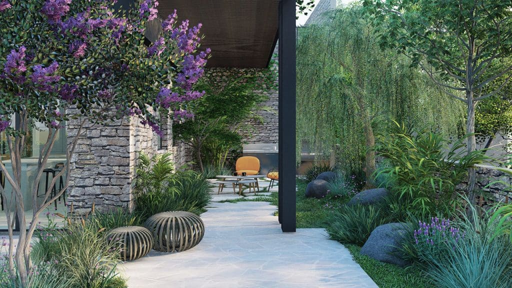 עיצוב הגינה בוצע בשילוב מקומות ישיבה צמחייה והקפדה על הפרטים