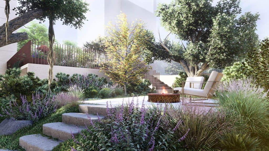 פינת ישיבה חמימה עם צמחייה ירוקה בעיצוב ותכנון נוף לשימור בית בחיפה