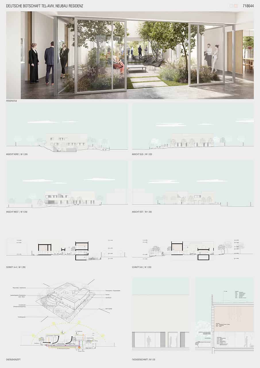 תרשימים של פרויקט תכנון ועיצוב בית שגריר גרמניה כחלק מתחרות שהתרחשה